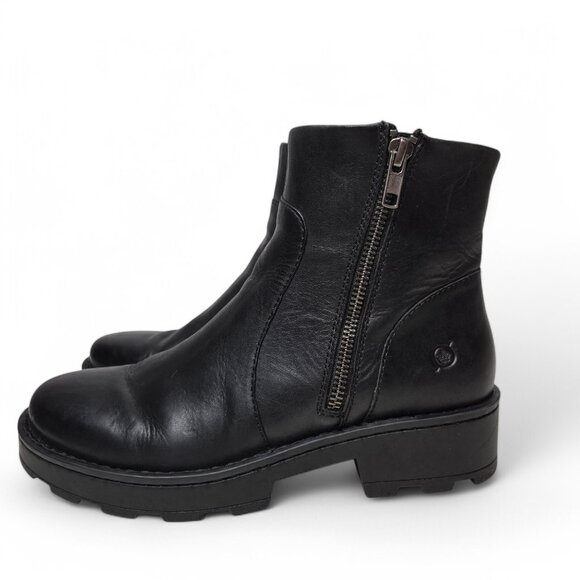 Born Chunky Black Leather Zip Side Booties Women's Goth Minimalist Grunge Punk 7 - Picture 3 of 9